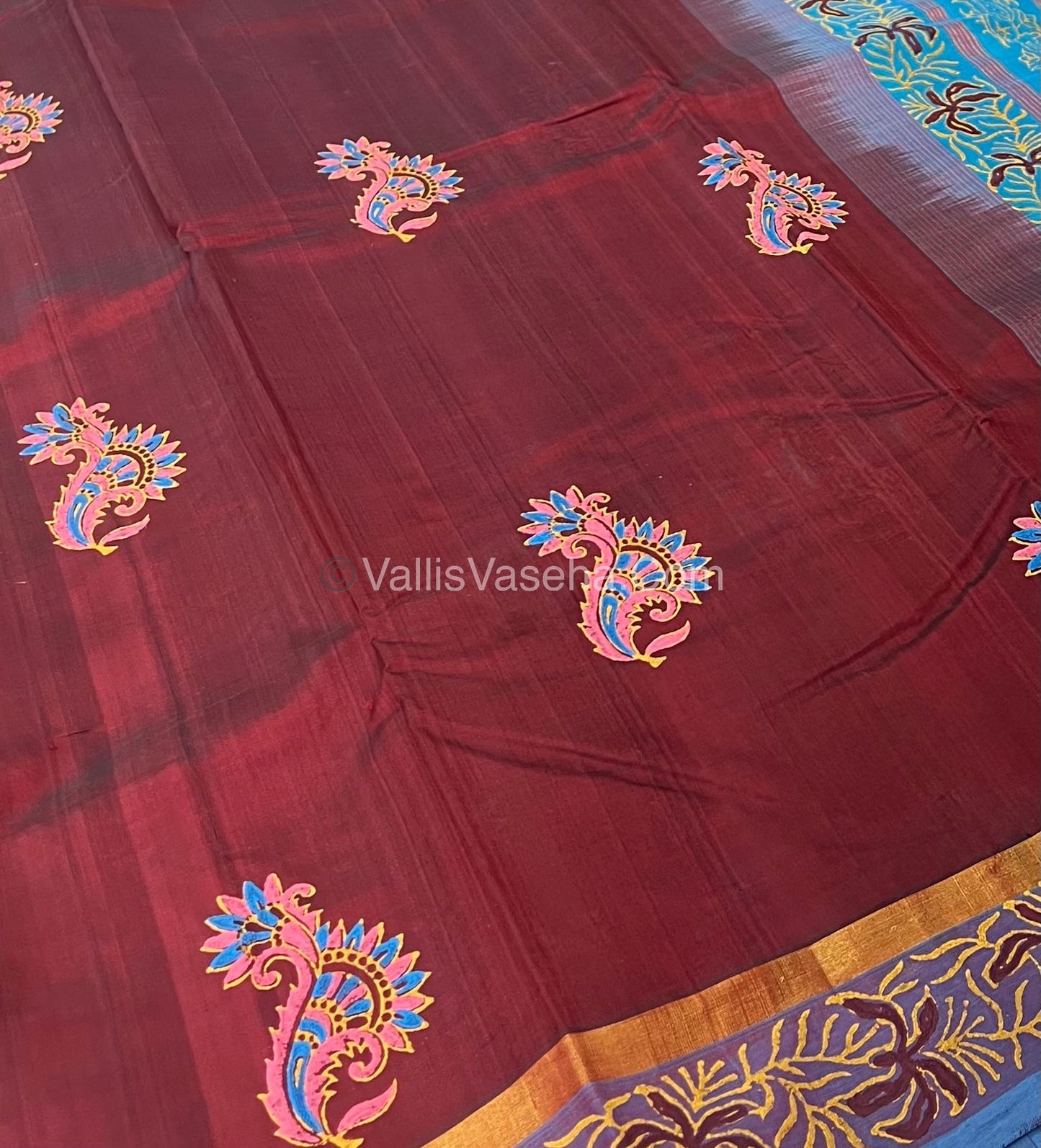 Pure Printed Silk Cotton Sarees - Maroon With Blue - VVPSC003