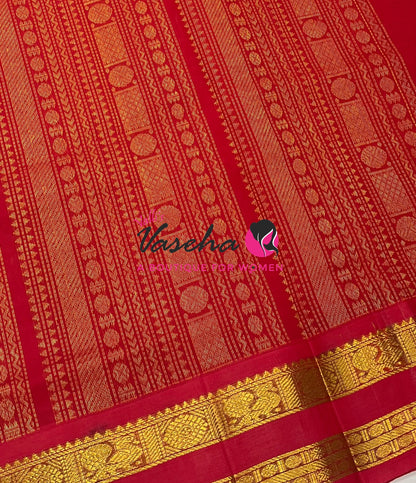 Pure Korvai Silk Cotton - Podi Kattam -White & Yellow with Red- Retta Petta Border - VVKSC003