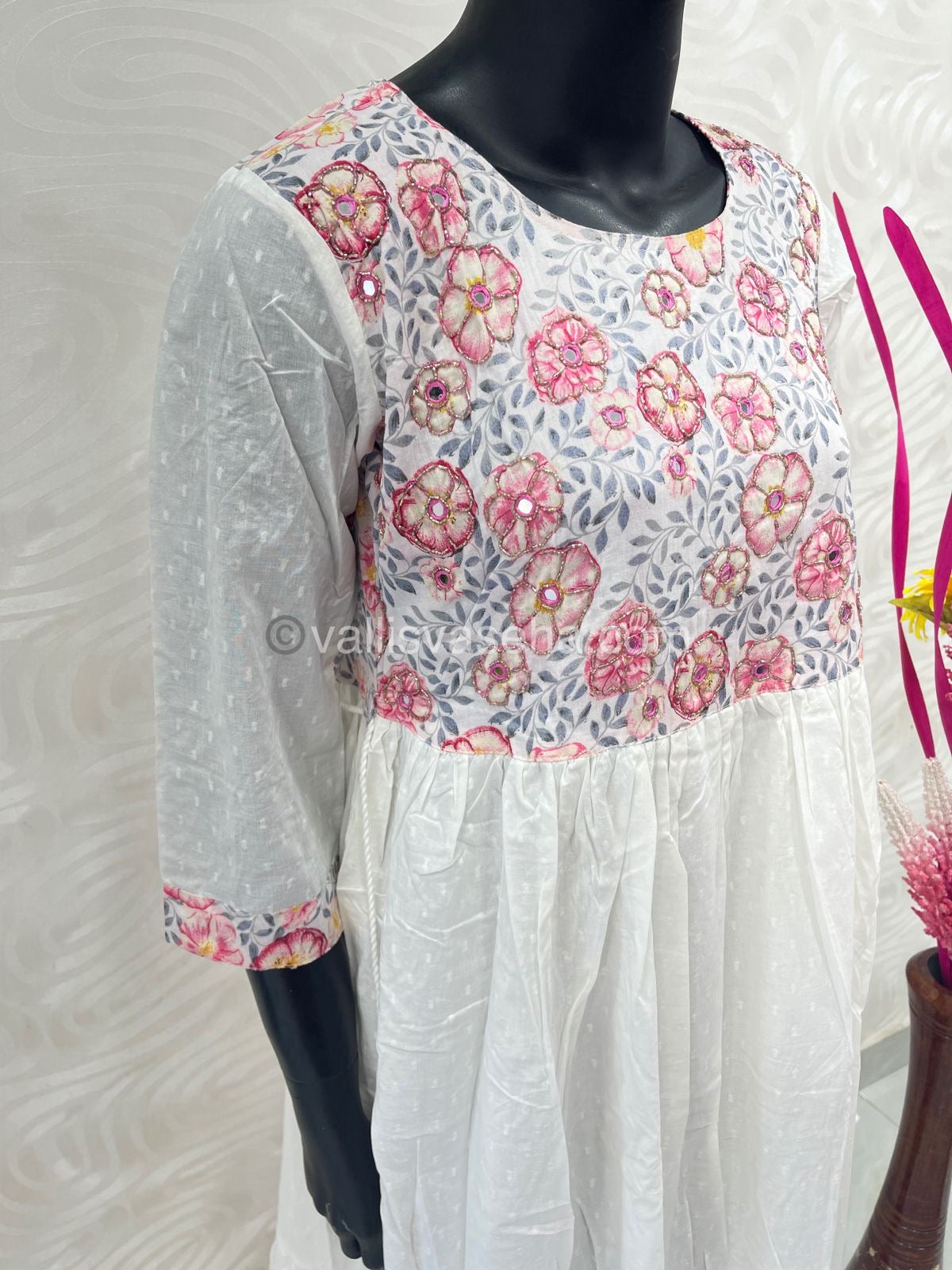 Ready Made - Long Floor Length Kurti - White with Pink Combo - VVRLG001