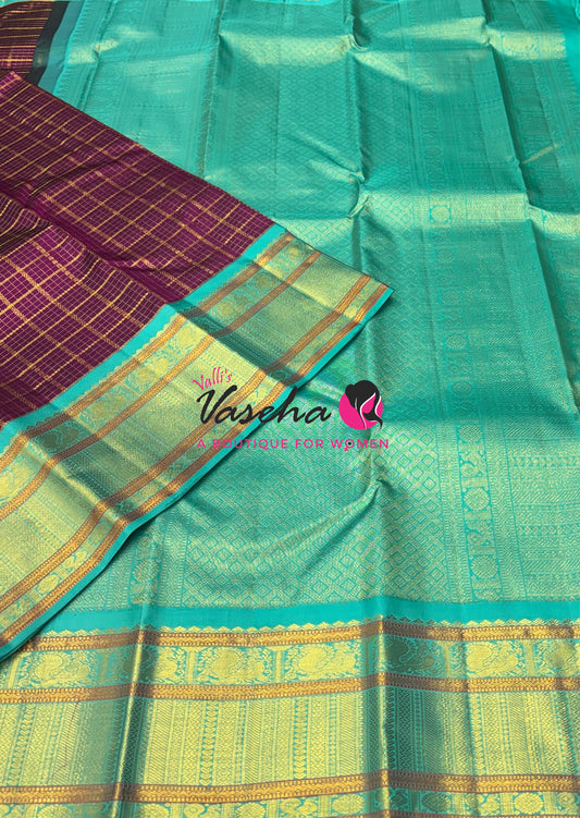 Pure Vintage Korvai Kanchipuram Silk Saree - Purple & Teal Blue Combo - VVPS006