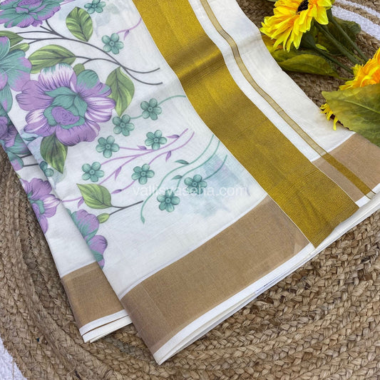 Kerala Cotton Saree - Cream With Golden Border - VVKCS001