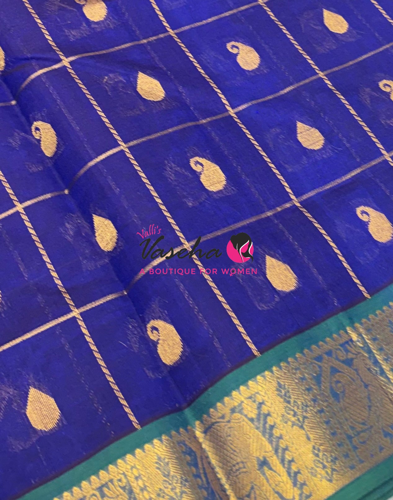 Pure silk  Cotton Saree - Checked Pattern with Butta - Blue & Green Shade - VVSCC005