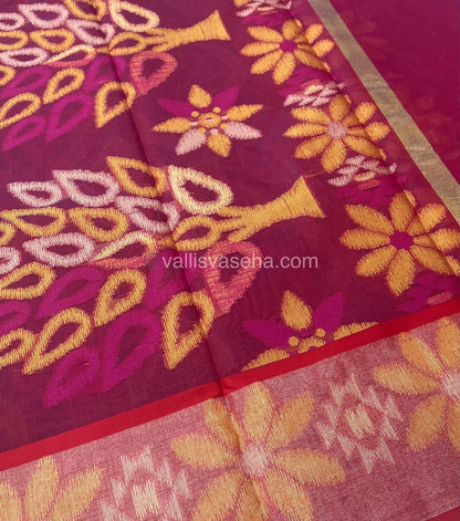 Banarasi Pochampally Weaving Semi Soft Cotton Saree - Purple with Pinkish Maroon - VVBPS001