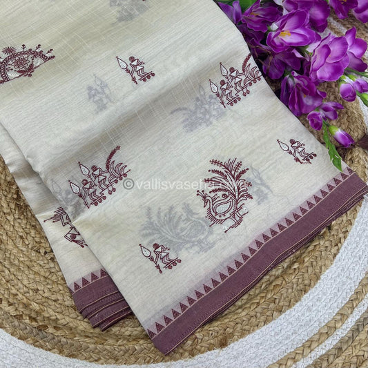Semi Tussar Embroidery - Cream with Merun Combo - VVSTE001