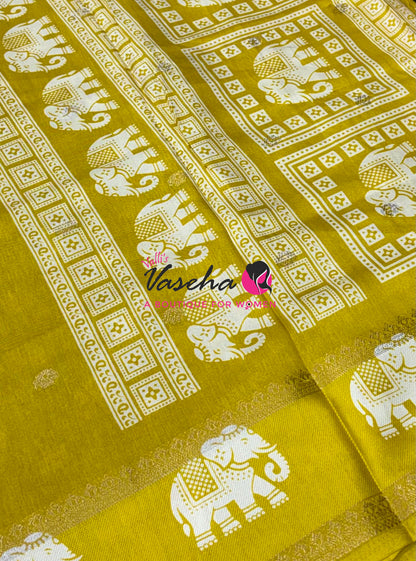 Casual Wear Sarees - Semi Binny / Semi Dola Silk - Lemon Yellow Shade - VVSDS007