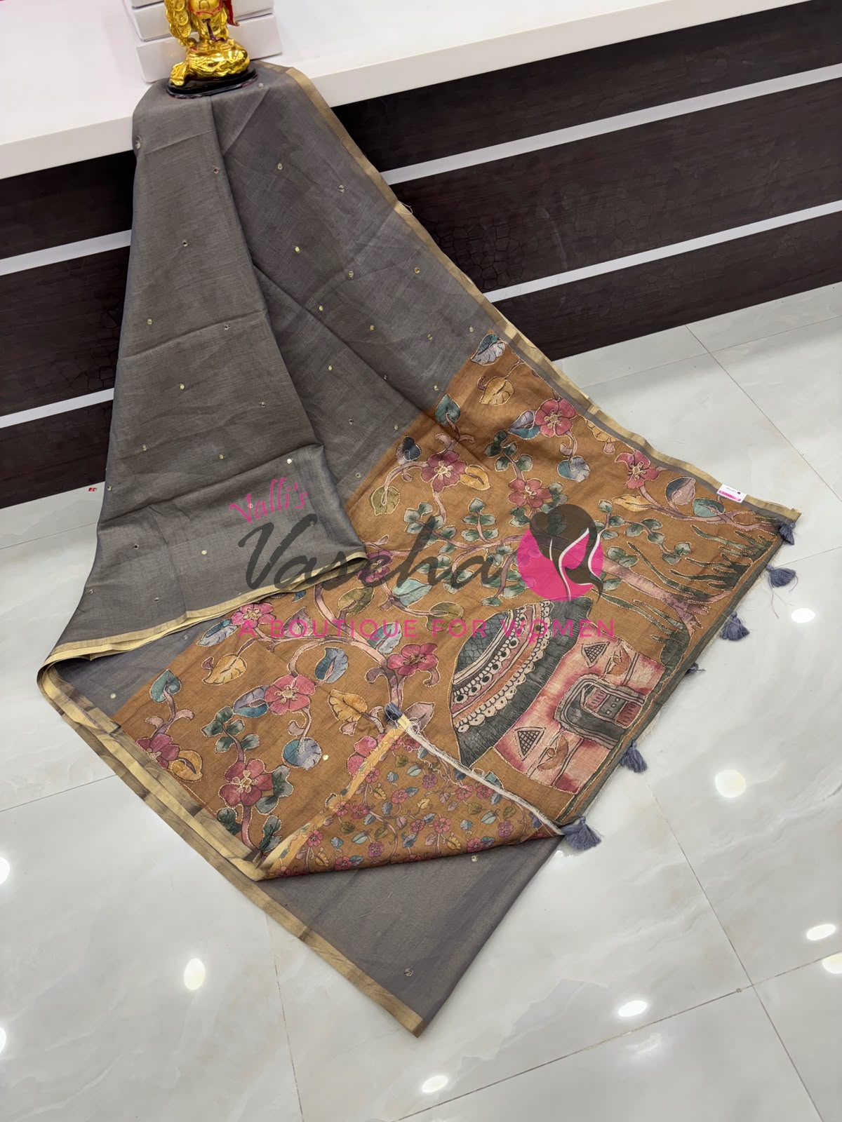Linen Tissue Saree - Mirror Work Embroidery - Grey With Light Orange Shade - VVLTS001