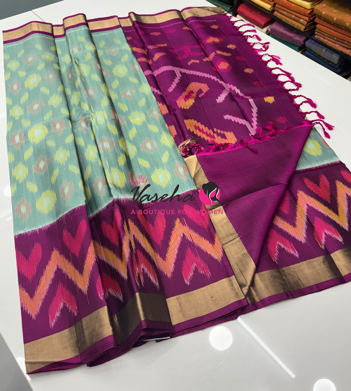 Pure Soft Silk Saree  - Pochampally Weaving - Greyish Blue & Purple Combo - VVPSS110