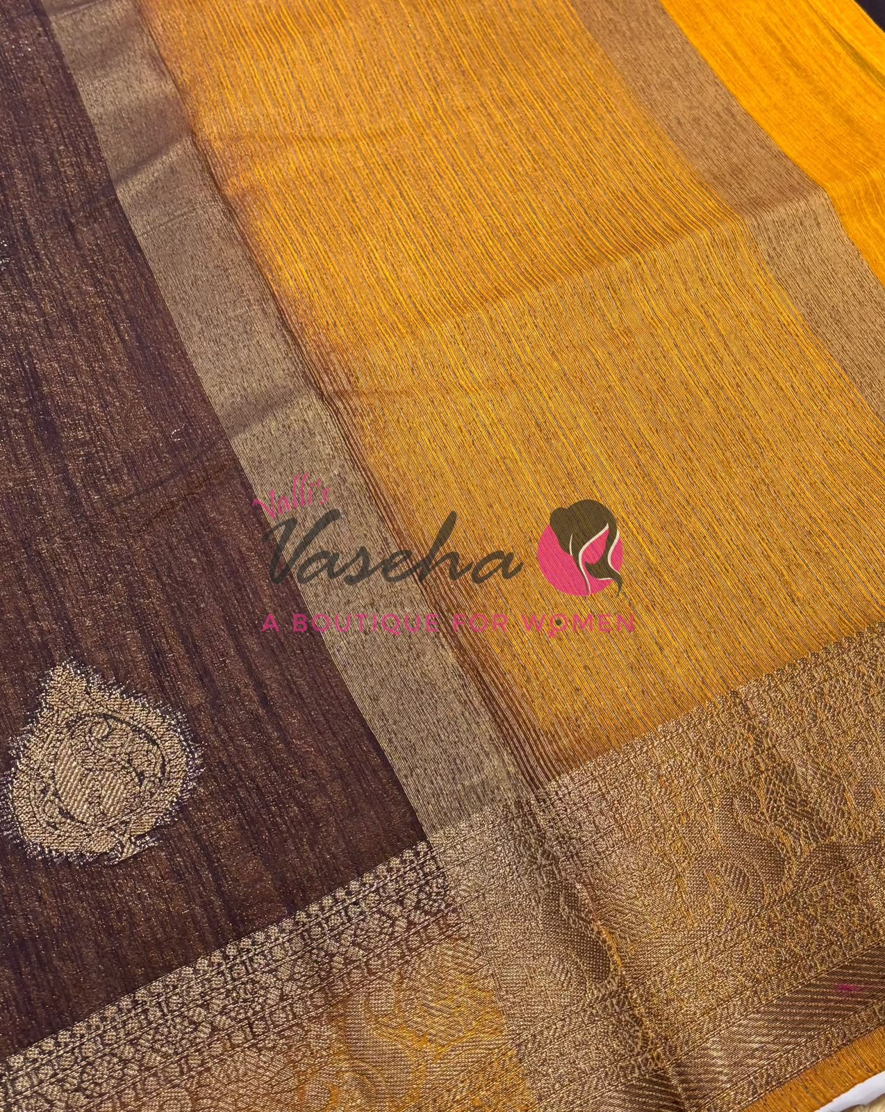 Bamboo Silk Saree- Brown with Yellow Shade - VVBSS013