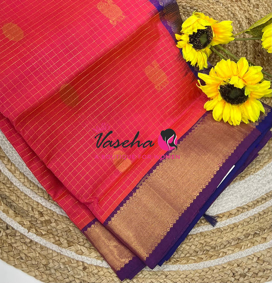 Pure Silk Cotton Saree - Mayil & Chakkaram Design - Peach Orange ￼ With Blue Shade -VVMC002