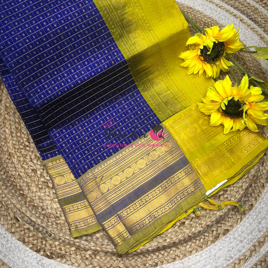 Pure Silk Cotton Saree | Blue With Lemon Yellow Shade |Lakshadeepam Design VVPLD002