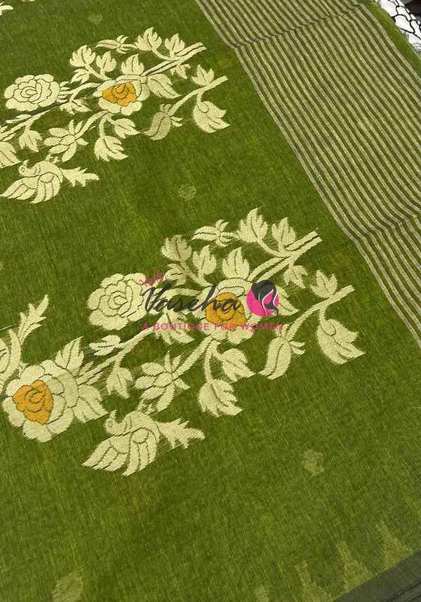 Bengal Kaddhi Cotton Saree | VVBKC001 |Mehandhi Green