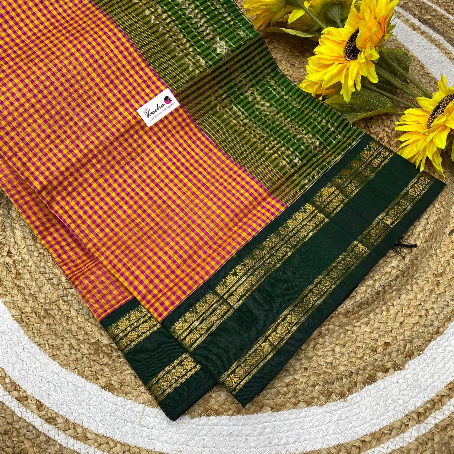Pre Booking [5-7 weeks] |Pure Korvai Silk Cotton - Podi Kattam - Yellow & Pink with Green Retta Petta Border - VVKSC003