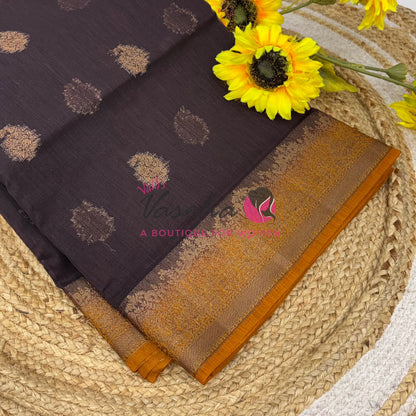 Bamboo Silk Saree- Brown with Yellow Shade - VVBSS014