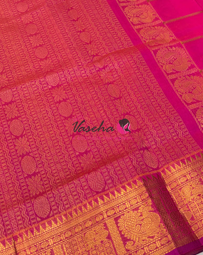 Pure Silk Cotton Saree - Mayil & Chakkaram Design - Blue With Pink Shade -VVMC003