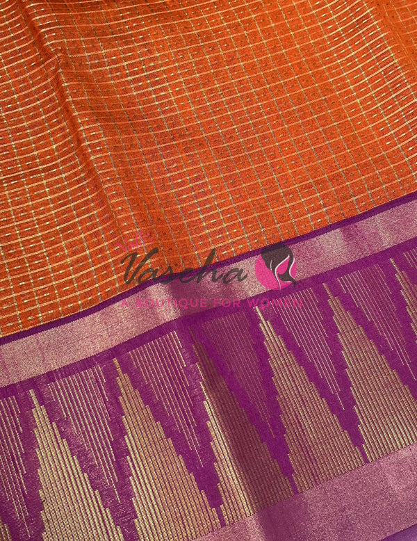 Semi Raw Silk - Lakshadeepam Design - Rust Orange With Purplish Pink Shade - VVRS008