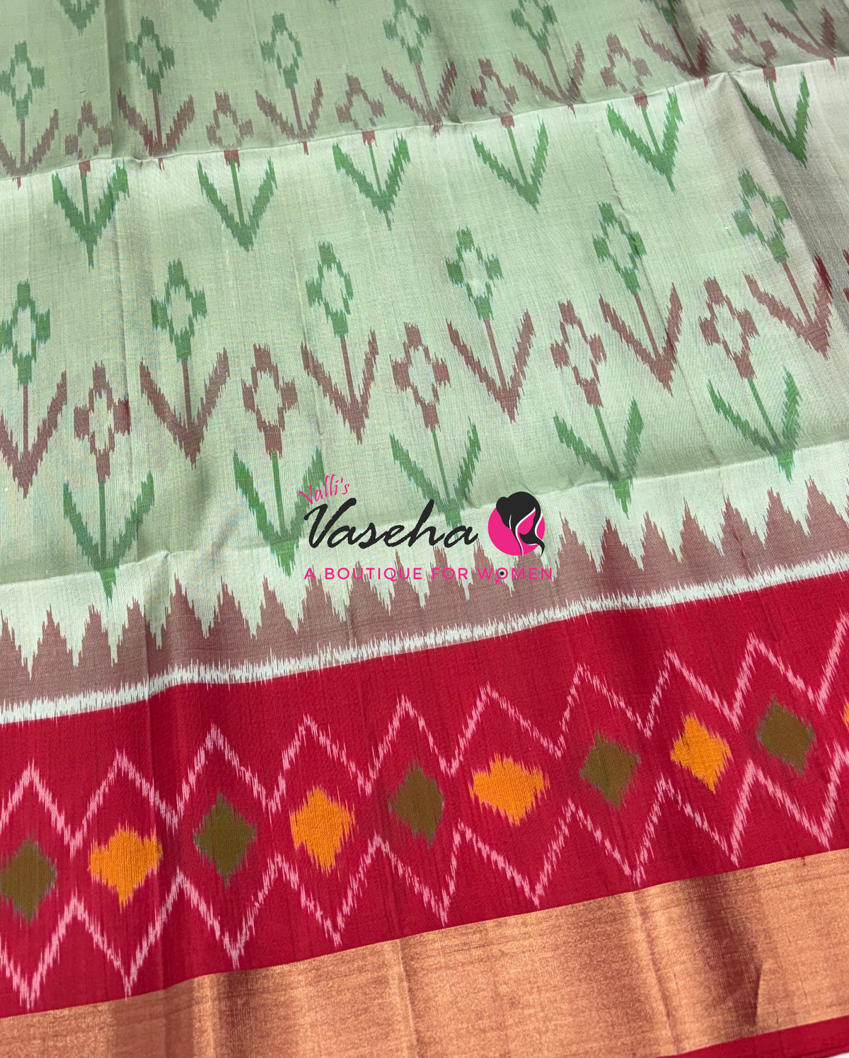 Pure Soft Silk Saree  - Pochampally Design - Light Green & Red Combo - VVPSS110