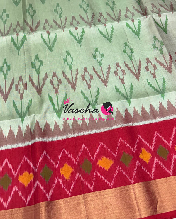 Pure Soft Silk Saree  - Pochampally Design - Light Green & Red Combo - VVPSS110