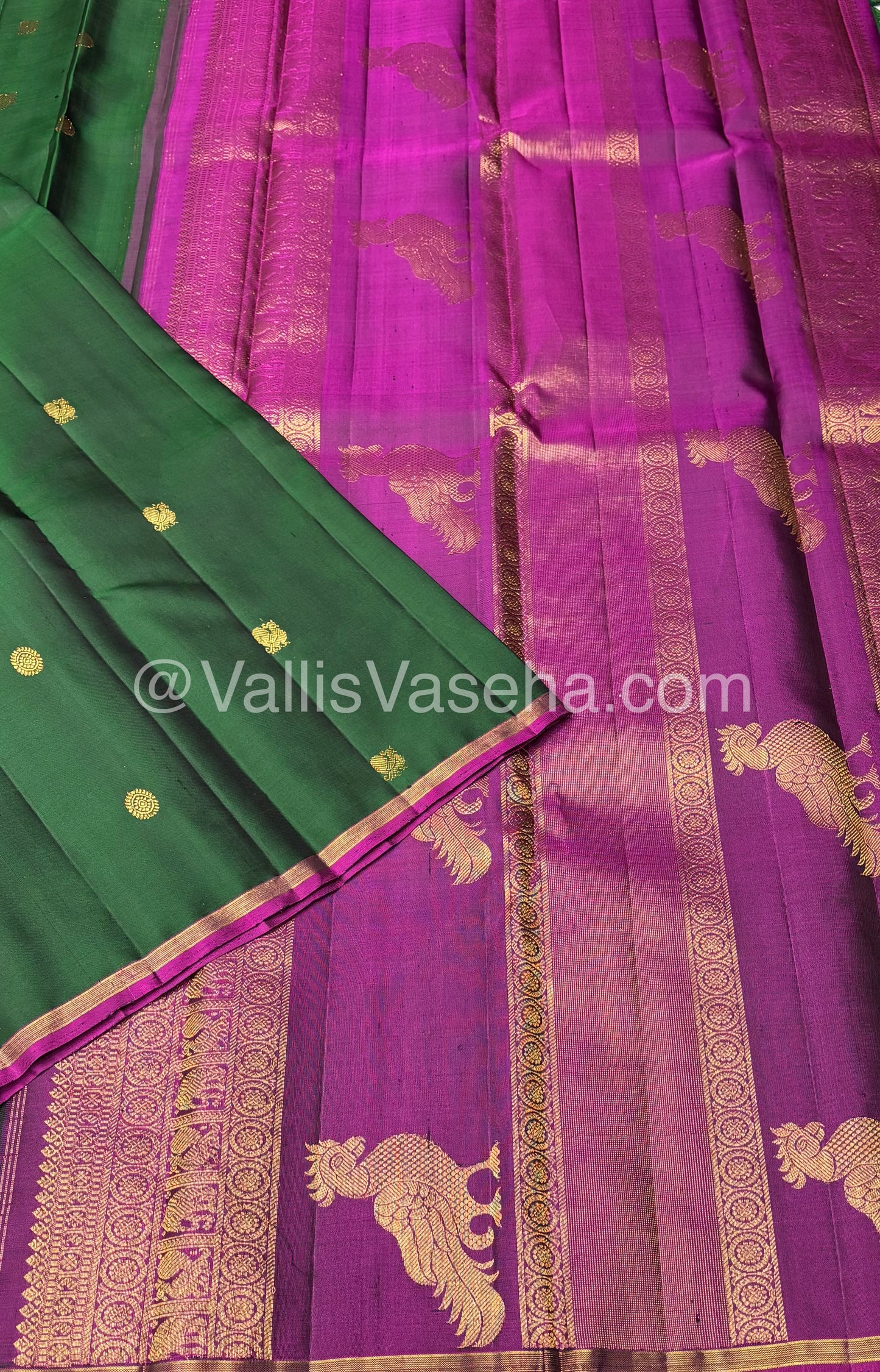 Pure Kanchipuram Silk Saree - Green & Purplish Pink Combo - VVPS020