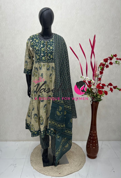 Ready Made - Anarkali - Salwar, Kameez & Duppatta(3pc)- Printed Cotton - VVAS012