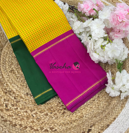 Pure Vintage Korvai Kanchipuram Silk Saree - Ganga Jamuna Style - Yellow & Pink/Green Combo - VVPS053