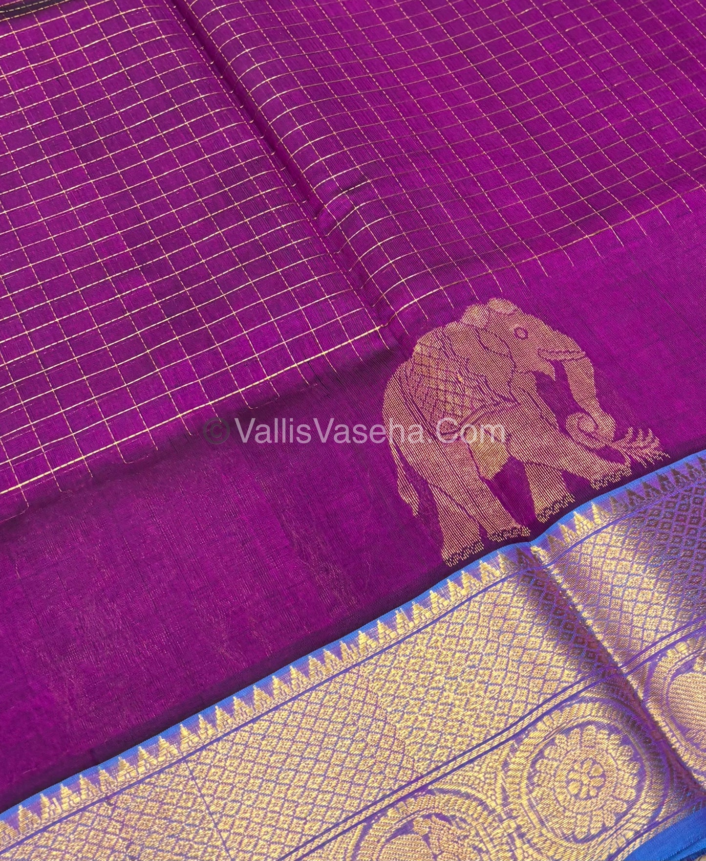 Pure Korvai Silk Cotton - Checks Pattern - Purple  With Blue Shade  - VVKSC033