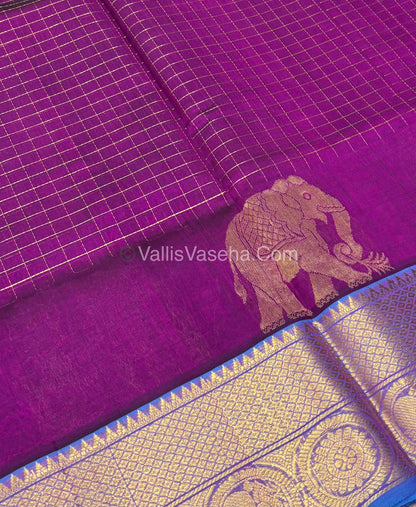 Pure Korvai Silk Cotton - Checks Pattern - Purple  With Blue Shade  - VVKSC033