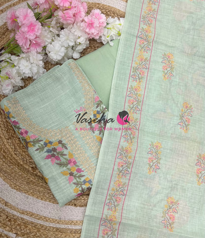 Unstitched Linen Mixed Cotton Material | Green Shade | VVUSM054