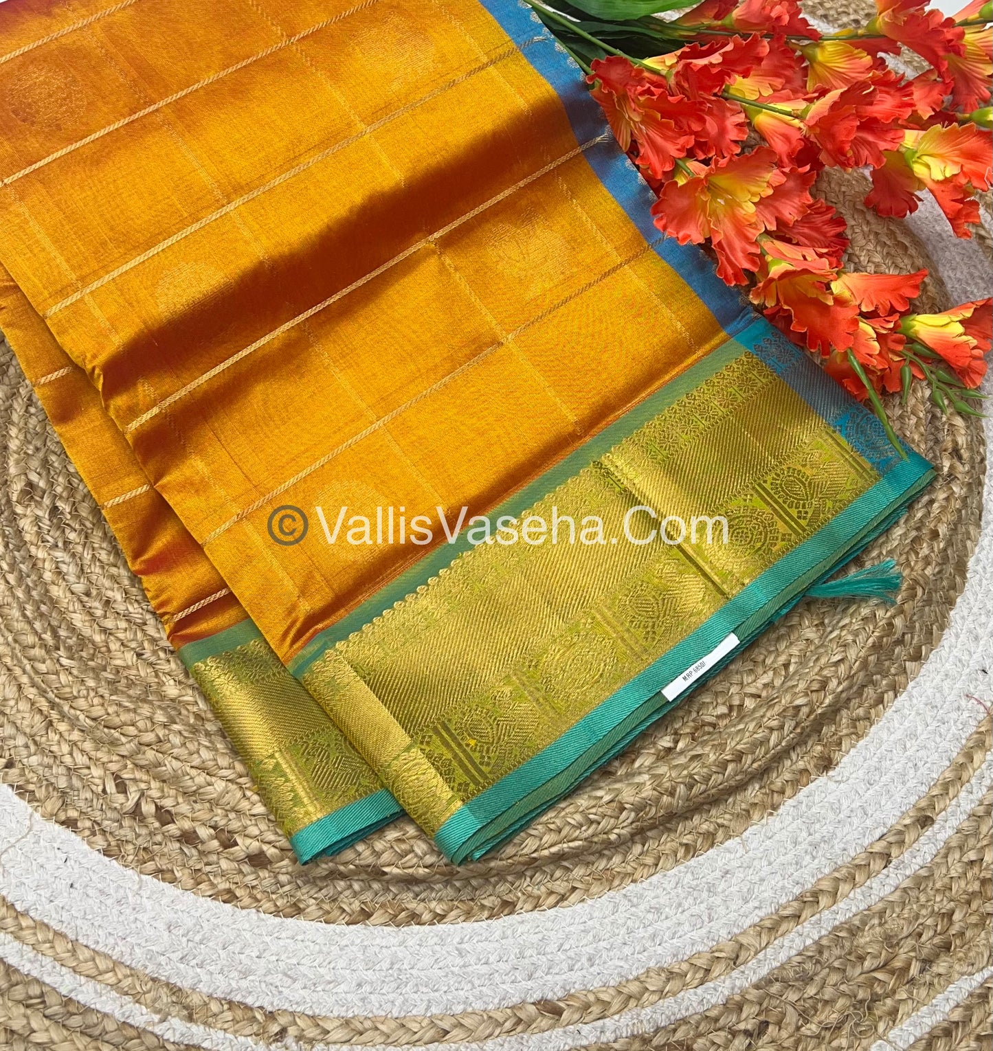 Pure Silk Cotton Saree - Mayil & Chakkaram Design - Double Tone  Mango Yellow with  Turquoise - VVMC001