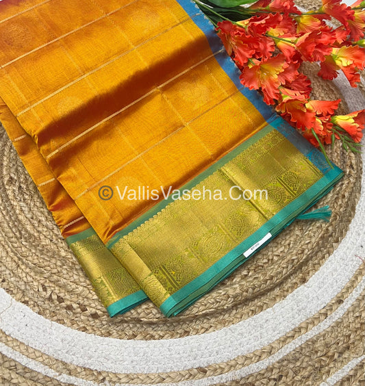 Pure Silk Cotton Saree - Mayil & Chakkaram Design - Double Tone  Mango Yellow with  Turquoise - VVMC001