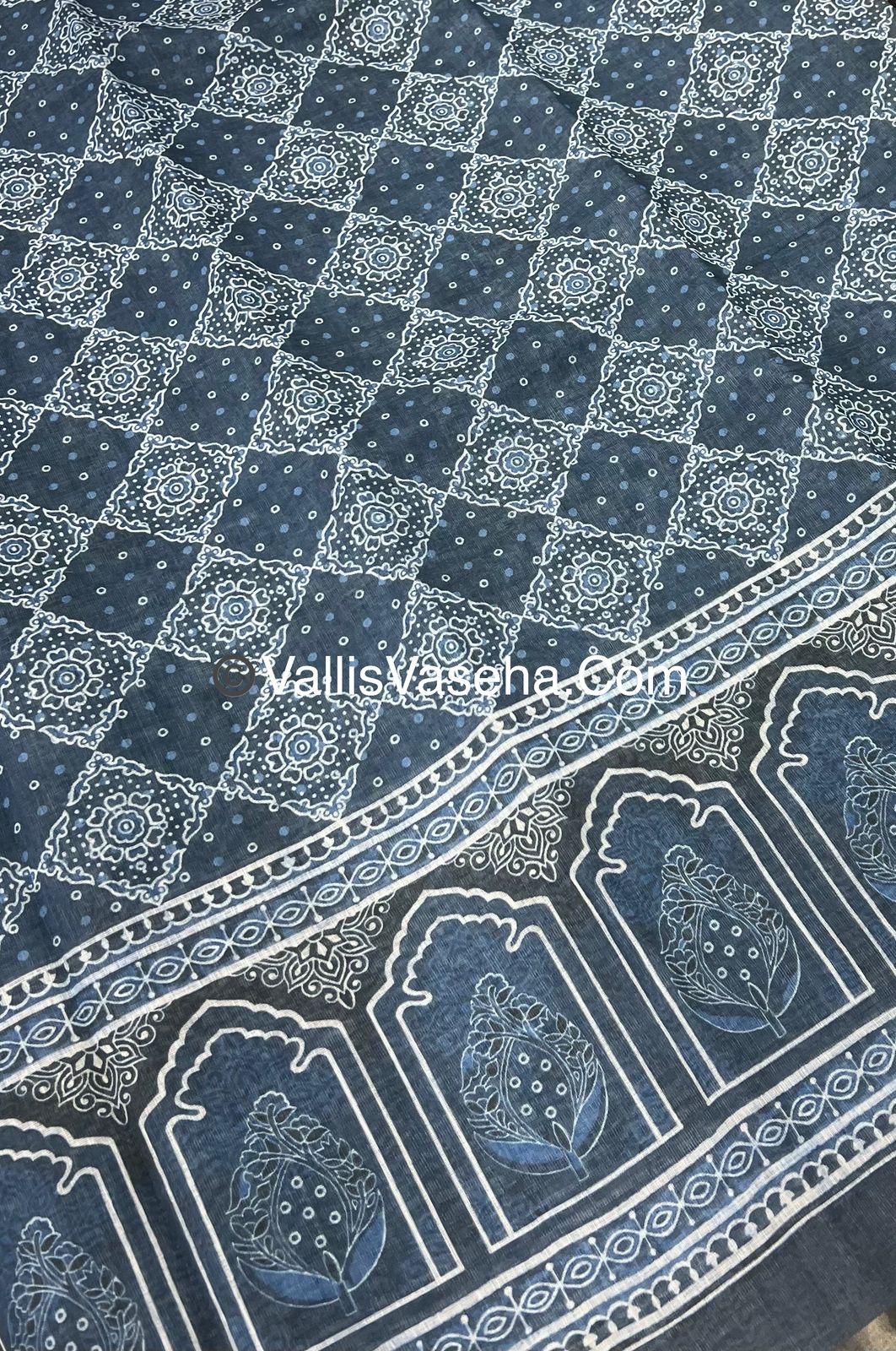 Linen Mixed Cotton Saree - Indigo Blue - Printed - VVLMP001