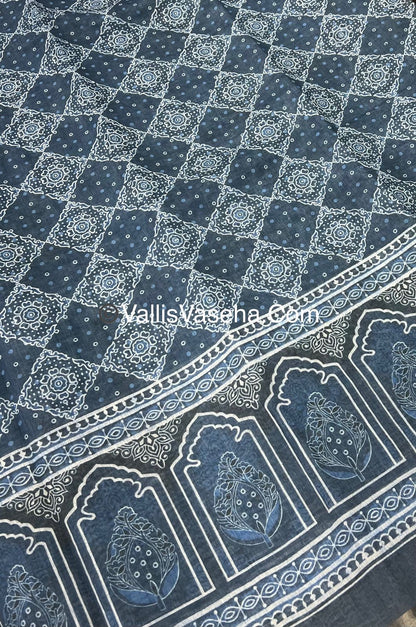 Linen Mixed Cotton Saree - Indigo Blue - Printed - VVLMP001