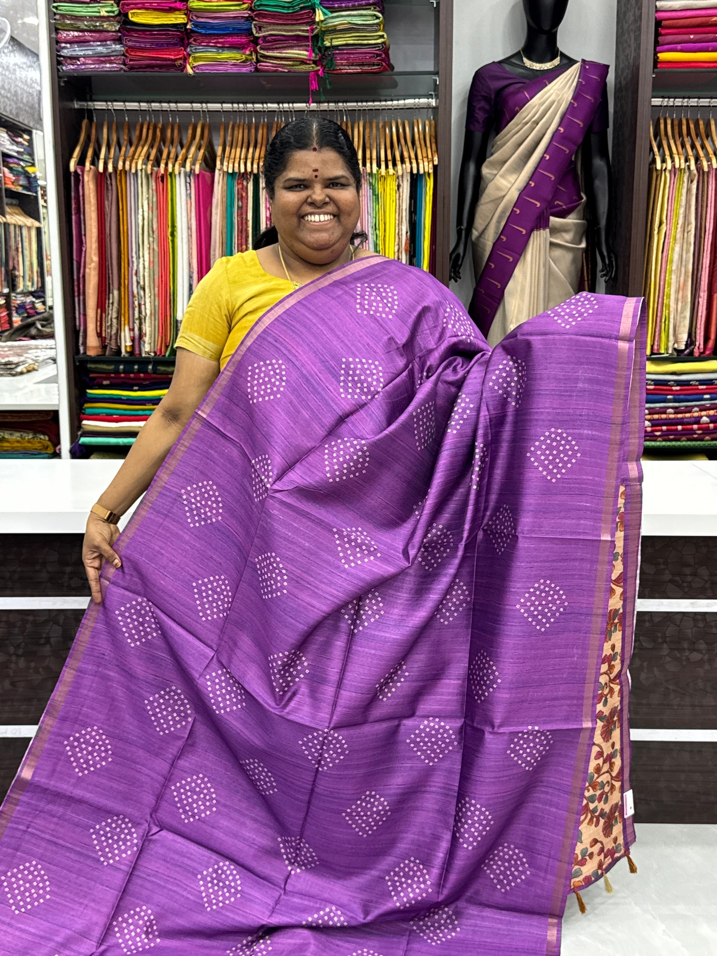 Semi Matka Tussar Silk Saree - Bandhini pattern - Purple Shade - VVSMT001