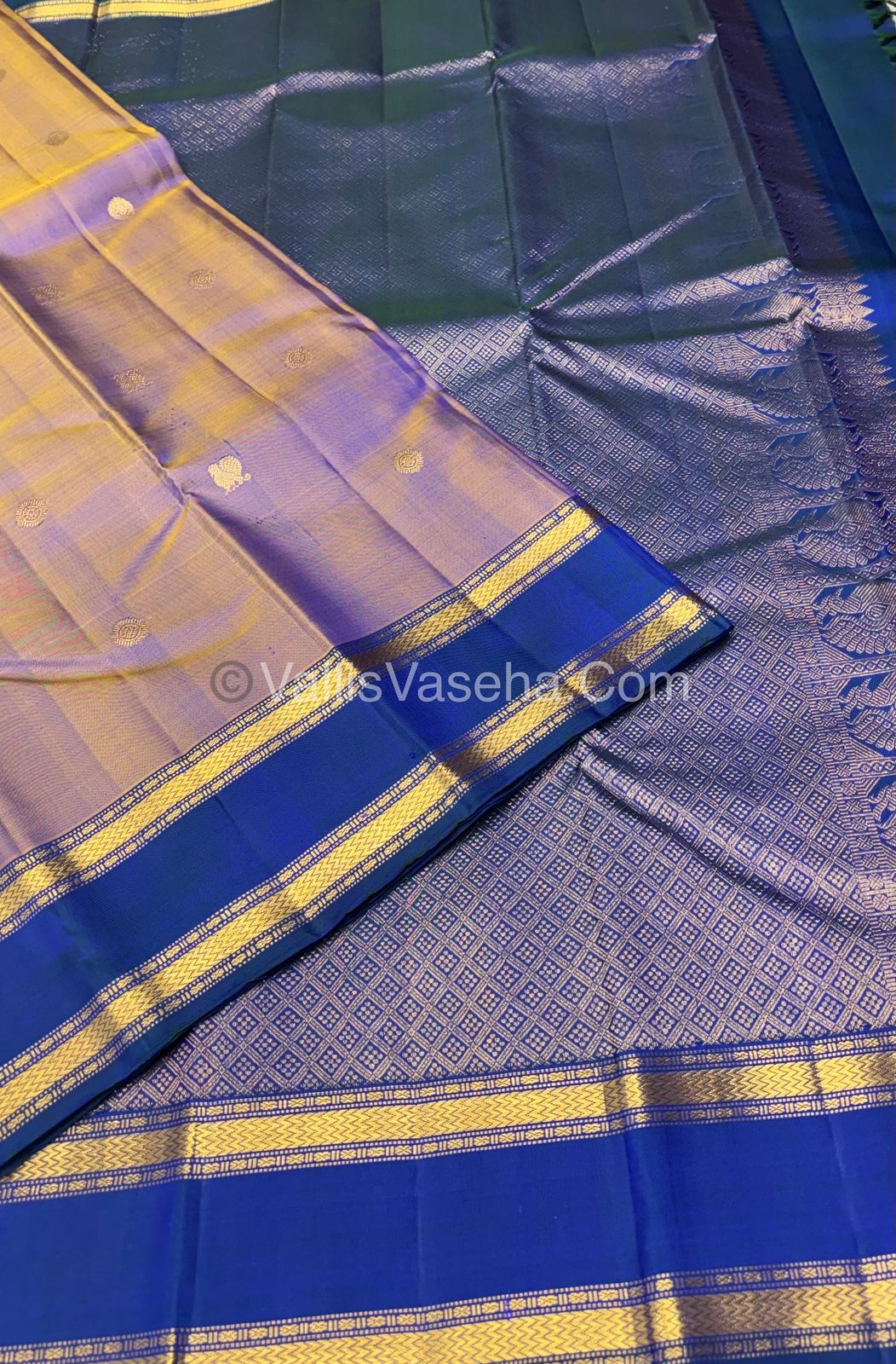 Pure Kanchipuram Silk Saree -  Blueish Golden with Peacock Blue Combo - VVPS022