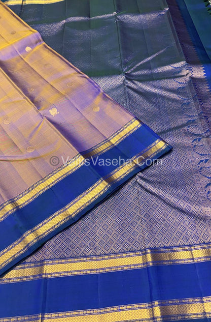 Pure Kanchipuram Silk Saree -  Blueish Golden with Peacock Blue Combo - VVPS022