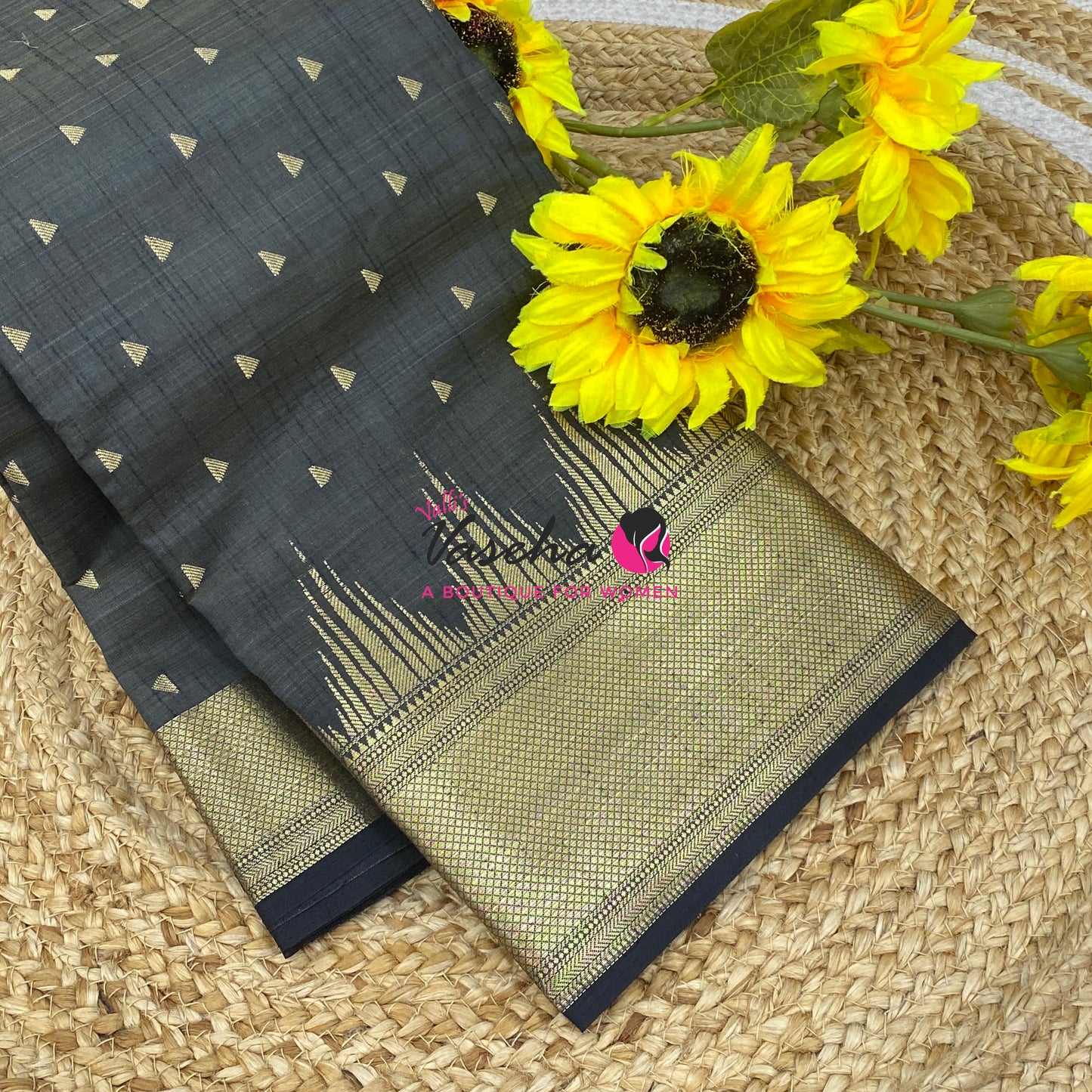 Semi Tussar Silk Saree | Black Shade |VVSTS054