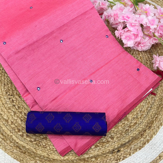 South Mixed Cotton - Mirror Work Embroidery - Pink with Blue  - VVPCM002