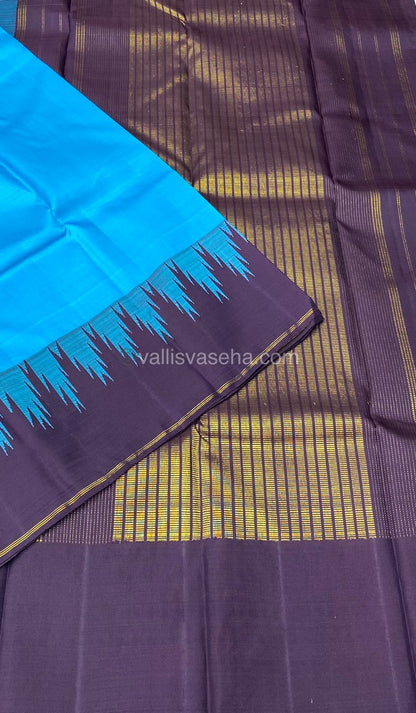 Pure Kanchipuram Silk Saree - Blue with Dark Purple(Pakku color) - Thalampoo - Temple Woven Borders - VVPS006