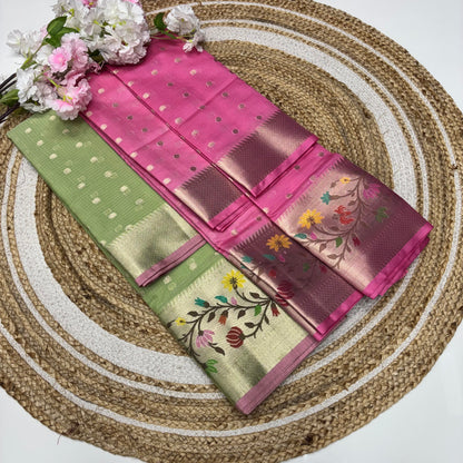 Unstitched - Lehenga Material - Zari Kota Tissue - Green & Pink - VVULM001