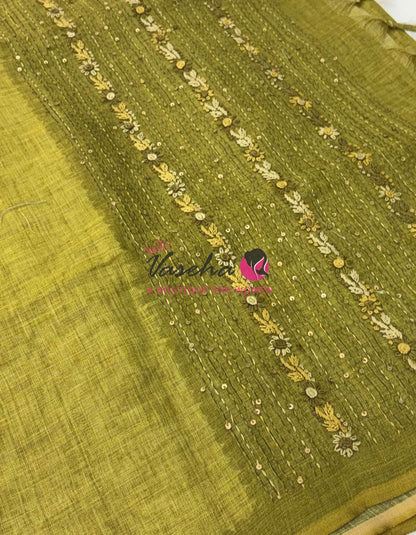 French Knot - Linen Tissue Saree - Green Shade - VVLFN015