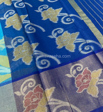 Banarasi Pochampally Weaving Semi Soft Cotton Saree - Light Blue with Dark Blue- VVBPS001