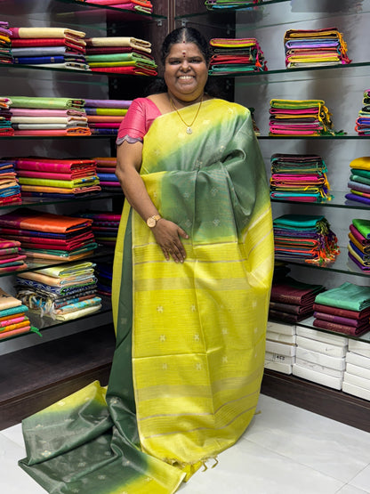 Bhagalpuri Silk - Vaira Voosi Lines -Green & Lemon Yellow Combo - VVBSV001