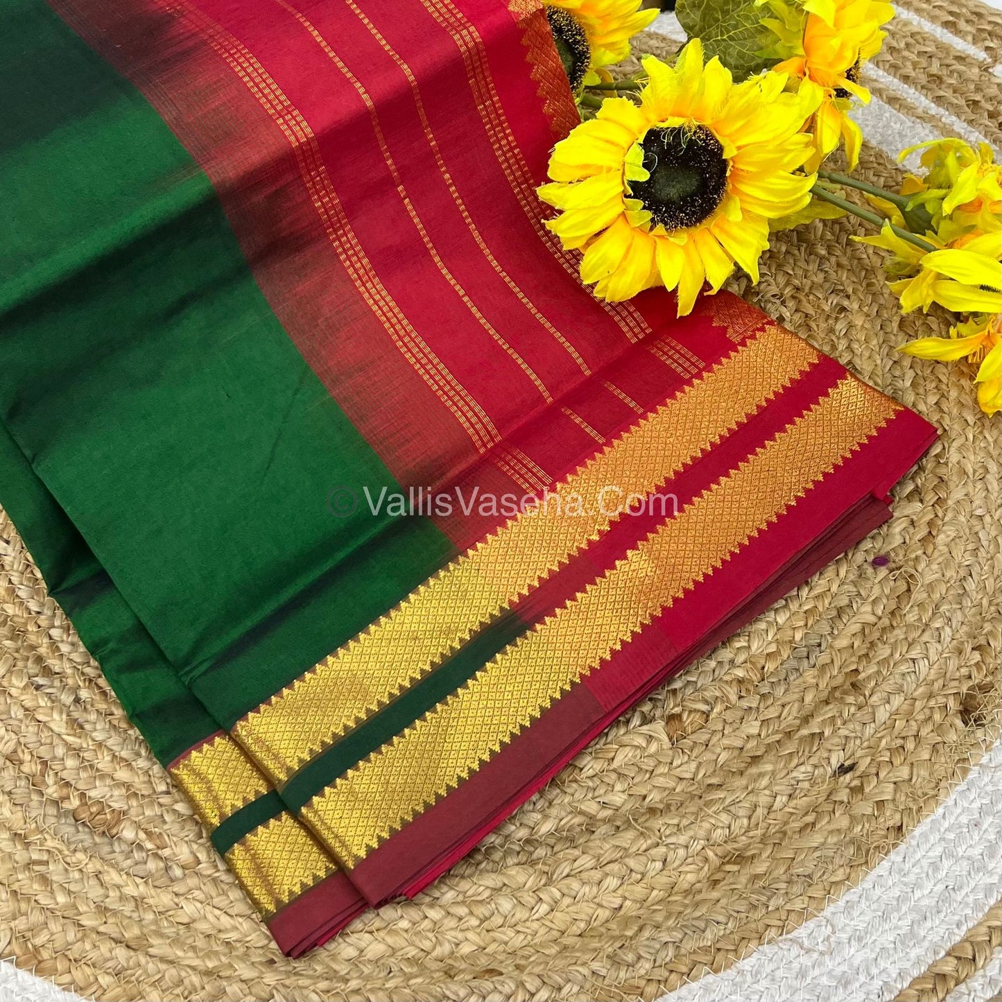 Pure Silk Cotton Sarees -  Green With Red - VVPSC003
