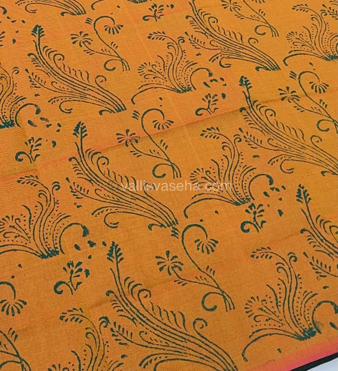 Poly Silk Mixed Printed Cotton - Green With Orange - VVPCP002