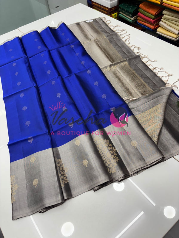 Pure Soft Silk Saree - (1.75 Warp) Shade Of Blue & Grey Combo - VVPSS064