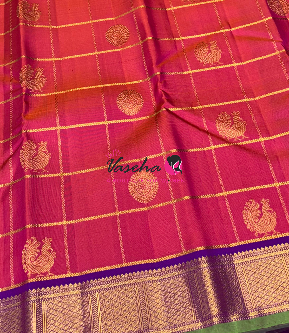Pure Kanchipuram Silk Saree - Peach  With Purple Combo - VVPS027