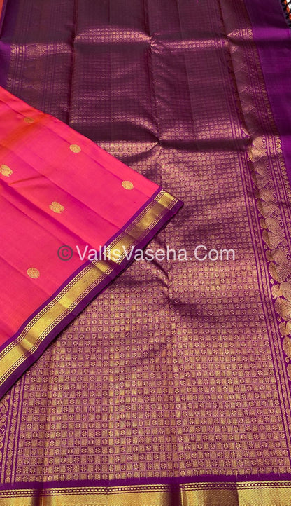 Pure Kanchipuram Silk Saree - Peachish Pink with Purple Combo - VVPS010