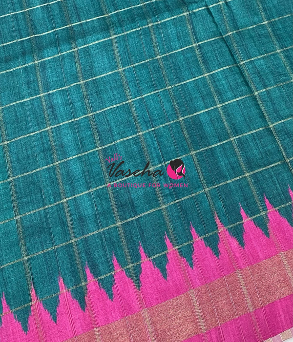 Semi Art Tussar Silk  / Art Silk - Peacock Blue & Pink  - VVATS008