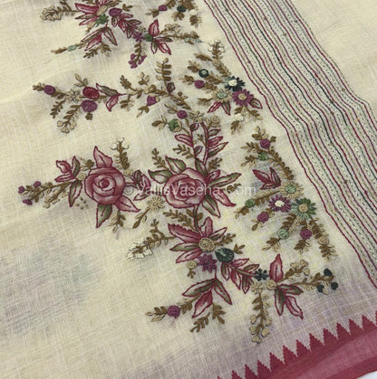 French Knot - Tissue Saree - Cream With Maroon Shade - VVLFN007