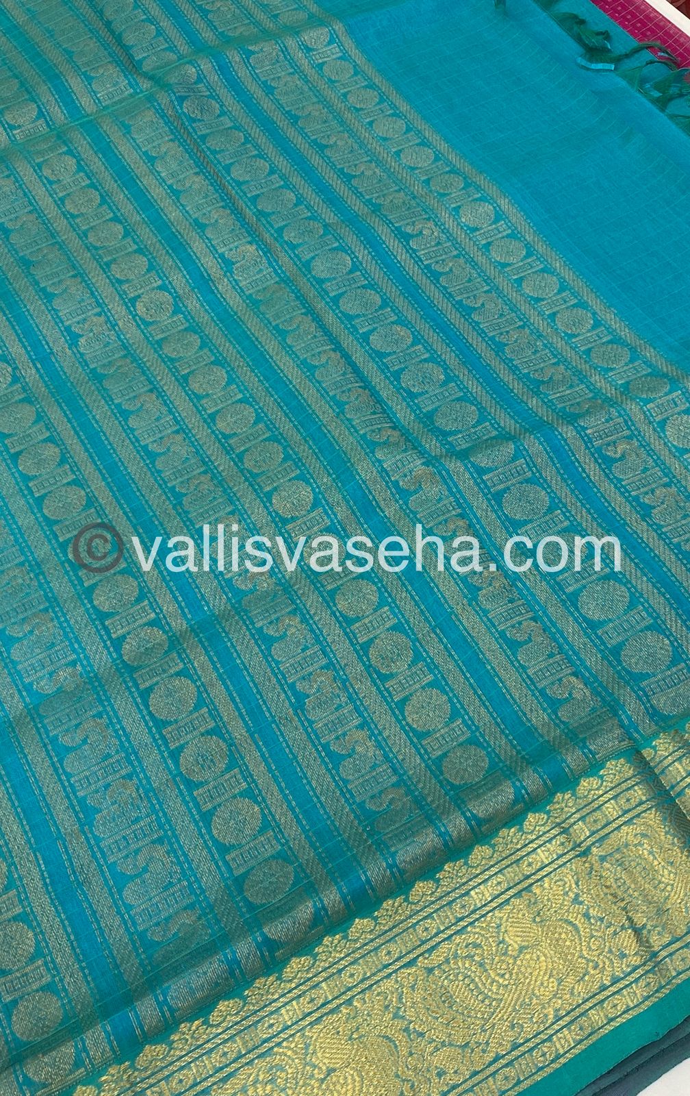 Pure Silk Cotton Saree - Pink with Turquoise Blue - Lakshadeepam Design - VVPLD001