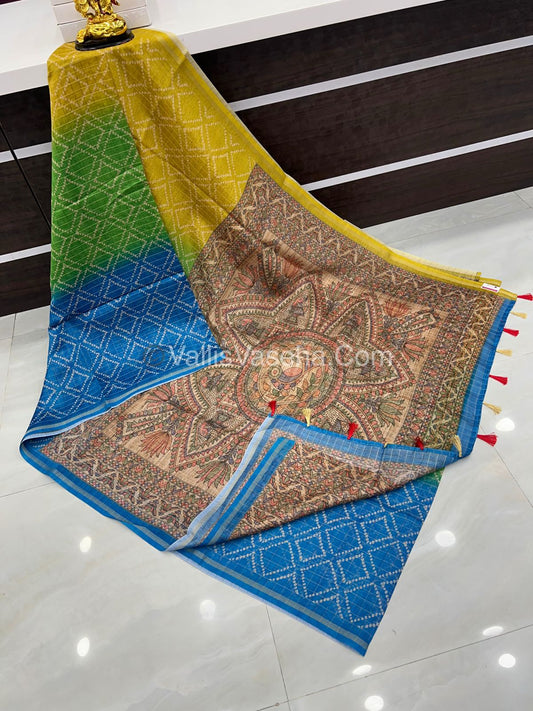 Semi Chanderi Saree - Fusion Of Bandhini & Madhubani- VVSCS002